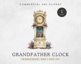 Grandfather Clock Clipart, Shabby Chic Clock PNG, Vintage Floral Clock Clip Art, Retro Ornate Furniture Images, Grandmillennial Chic Graphic
