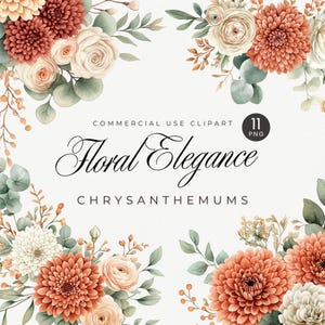 Clipart de crisantemo floral color óxido, clipart floral naranja quemado, flor PNG del mes de nacimiento de otoño, invitaciones de boda de terracota, PNG de Acción de Gracias