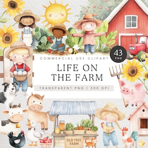 Könnte beinhalten: Aquarell-Illustration mit dem Titel "Life on the Farm" mit Bauernhoftieren, Kindern und einem Bauernmarkt. Das Bild enthält eine rote Scheune, Sonnenblumen, einen Traktor und den Text "Commercial Use Clipart".