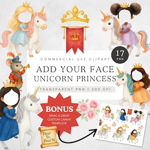 Voeg je eigen gezicht toe clipart, eenhoorn prinses voeg je foto toe Clip Art, Kid Fantasy Face uitgesneden png, girly gepersonaliseerde cupcake topper afbeelding