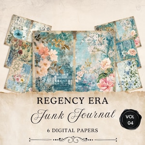 Pagine di diario di scarto dell'era Regency, 6 fogli digitali stampabili di Jane Austen, foglio di collage floreale, effimeri, artigianato di carta, 11 x 8,5, JJ024