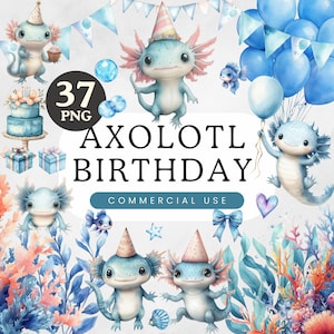 Paquete de imágenes prediseñadas de acuarela / PNG de cumpleaños de axolotl / Decoración de guardería / Gráfico de sublimación / Ilustración de animales lindos / Fiesta de niño o niña azul