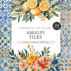 Clipart di piastrelle di Amalfi, Clip art di piastrelle e bordi mediterranei acquerellati, Piastrelle con motivi italiani, Piastrelle blu e bianche, Limoni e fiori in formato PNG