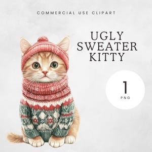 Pull de Noël moche chat PNG, chaton dans un pull clipart, clipart chat maman cadeaux de Noël, drôle de chat dans des vêtements, graphiques de Noël