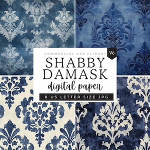 Damask Pattern Digital Paper, Navy Shabby Chic Distressed Texture Patterns, Scrapbooking Paper Decoupage Ephemera, Fleur De Lis