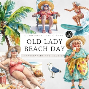 Clipart plage vieille dame, mamies drôles PNG, clipart grand-mère sportive, bains de soleil de vacances, dessin animé vieilles dames, plaisirs d'été vieille femme
