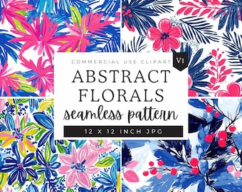 Preppy Floral Digital Paper, Abstract Bright Floral Seamless Patterns, Scrapbooking Paper Decoupage Ephemera, Digital Printable 12 inch
