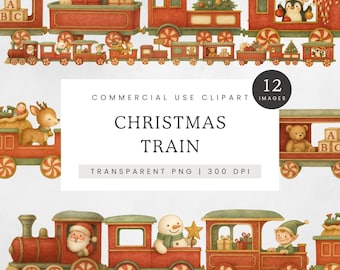 Christmas Train Clipart, Watercolor Vintage Xmas Train Carriage Clip Art, North Pole Train PNG, Santa Railway Art Images