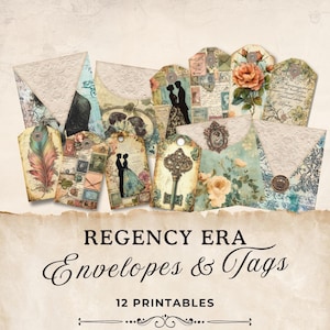 Etiquetas y sobres pequeños para diario basura de la época de la Regencia, paquete de extras de Jane Austen, hoja de collage de papel efímero imprimible digitalmente, 11 x 8,5 JJ024