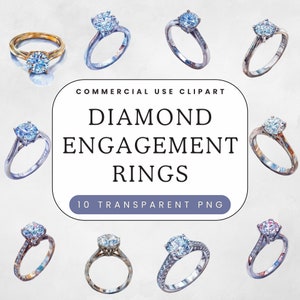 Clipart di anelli di fidanzamento ad acquerello / Anelli di diamanti in oro / Matrimoni e proposte / Inviti per feste di addio al nubilato / Sposa Sposo