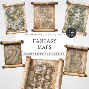 Fantasy Map Clipart, Dungeon Maps Clip Art, Schatzkarte PNG, Aquarell Drachen Grafiken, Junk Journal Kartographie Bilder