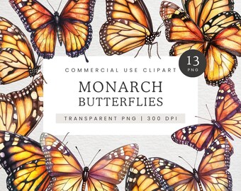 Monarch Butterfly Watercolor Png, Monarch Butterflies Clipart, Orange and Black Spring Butterfly Clip Art, Wedding Invitations, Fall Garden