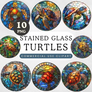Sea Turtle Stained Glass PNG | Circle Coaster Sublimation Design | Underwater Sea Turtle | Ocean Beach Boho Theme Decor | Commercial Use
