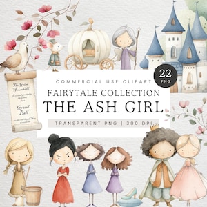 La petite fille frêne Clip Art, Clipart de conte de fées mignon, aquarelle princesse PNG, Illustration de conte de fées, graphiques de livre de contes magiques