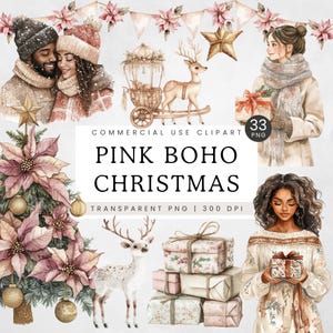Rosa Weihnachten Boho Clipart, Dusty Pink Xmas PNG, Mädchen Boho Urlaub, gemütliche Weihnachten, schicke feminine Weihnachten Clip Art, Winter Pastell