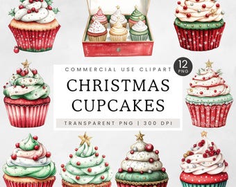 Watercolor Christmas Cupcakes Clipart, Festive Food PNG, Christmas Graphic Clip Art, Xmas Sublimation Graphic, Decorated Cupcake, Commercial