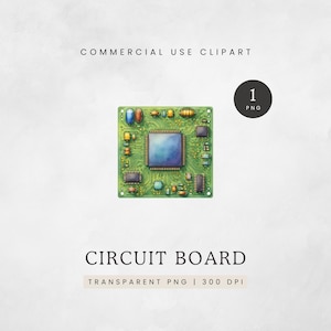 May include: A square green circuit board illustration featuring a central blue processor chip surrounded by various small electronic components, resistors, and capacitors. The text reads COMMERCIAL USE CLIPART, 1 PNG, CIRCUIT BOARD, TRANSPARENT PNG | 300 DPI.