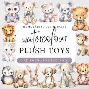 Watercolor Plush Toys PNG Clipart | Cute Nursery Animal Wall Art | Baby and Toddler Decor | Instant Download | Commercial Use