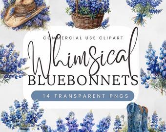 Akwarela Bluebonnet Clipart | Clipart Łubinu | Kwiaty ślubne | Dzikie kwiaty w Teksasie | Przezroczysty PNG