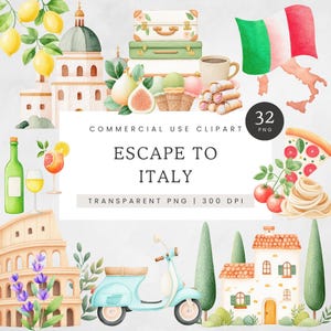Clipart em aquarela da Itália, imagens fofas de férias na Itália, clipart de viagens à Itália, imagens PNG de comida italiana (massa e pizza), imagens de pontos turísticos italianos.