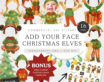 Imágenes prediseñadas con tu propia cara, imágenes prediseñadas de elfos navideños con tu foto, imágenes prediseñadas navideñas para niños y niñas, imágenes navideñas personalizadas, marco PNG para Canva