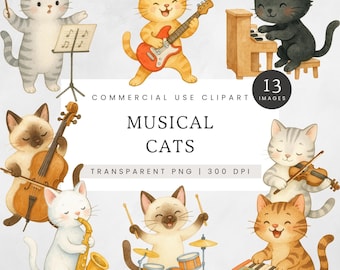 Musical Cats Clipart, Cute Cat Band PNG, Watercolor Music Animals Clip Art, Piano Guitar Violin Drum Saxophone Cats