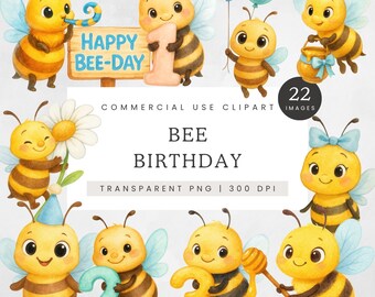 Imágenes prediseñadas de abejitas lindas para cumpleaños, paquete de imágenes prediseñadas de abejas en acuarela para fiesta, PNG de Feliz Día de las Abejas, gráficos para baby shower de abejitas