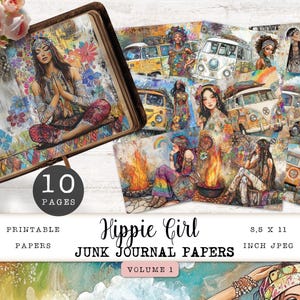 Page de journal indésirable hippie fille, 10 jeunes femmes hippies papiers numériques imprimables, feuille de collage arc-en-ciel bohème, créations en papier 11 x 8,5 JJPHG
