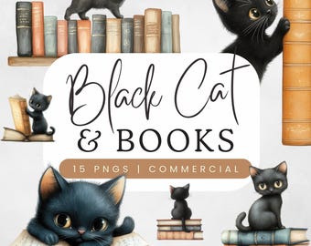 Black Cat and Books Clipart | Junk Journal, Scrapbooking & Paper Crafts | Watercolor Kitten Illustration | Cozy Bookworm Love