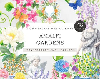 Amalfi Gardens Watercolor Clipart, Italy Destination Wedding Flowers, Lemon Bougainvillea Wisteria PNG, Mediterranean Botanical