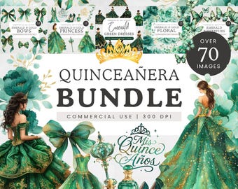 Emerald Quinceañera Clipart Bundle, Green & Gold Mis Quince Años PNG, Hunter Green Princess Dresses, Emerald Gold Floral Clip Art