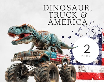 Dinosaur with Truck 4th of July PNG | Patriotic Monster Truck & T-Rex | 4Th Of July Kids Clipart | Independence Day