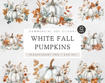 White Pumpkin PNG Clipart, White & Orange Watercolour Clip Art, Digital Design Elements, Fall Stationery, Botanicals, Harvest, Thanksgiving