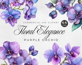 Purple Orchid Clipart, Watercolor Wedding Flowers PNG, Tropical Orchids Clip Art, Deep Purple Flowers, Summer Bridal Shower, Spring Wedding