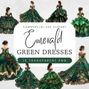 Smaragdgrün Quinceaño Kleid Clipart | Jäger Grün Prinzessin Kleid Clipart | Formelle Mode | Geburtstags-Party-elegante Abendgarderobe