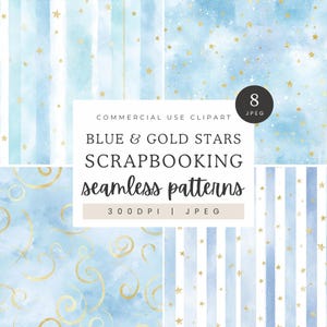 Digitalt papper med blå och guldfärgade stjärnor och ränder, sömlösa akvarellmönster, scrapbookingpapper, decoupage-ephemera, inbjudningsbakgrund