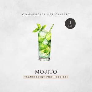 Clipart Mojito, clipart cocktail d'été, carte des boissons signature PNG, image cocktail vert aquarelle, graphiques de boissons alcoolisées