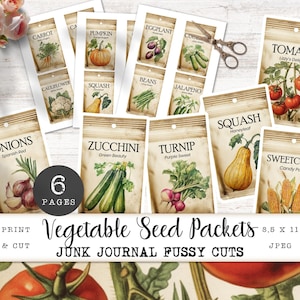 Seed Packet Junk Journal Kieskeurige Cuts, Vintage Plantaardige Efemere, Tuinieren Scrapbookingkaarten, Afdrukbare Retro Vege Patch Themakaarten