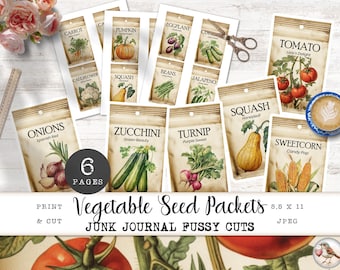 Seed Packet Junk Journal Fussy Cuts, Vintage Vegetable Ephemera, Gardening Scrapbooking Cards, Printable Retro Vege Patch Theme Cards