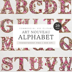 Clipart del alfabeto Art Nouveau, letras de firma en rosa y dorado, letras elegantes Art Déco, alfabeto floral, fuente de revista basura