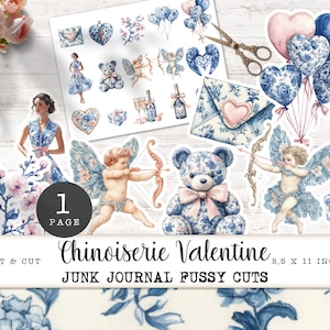 Valentines fussy cuts, junk journal printables, valentijnsdag ephemera, grandmillennial plakboekpakket, chinoiserie valentijn printen en knippen