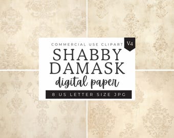 Damask Pattern Digital Paper, Ivory Shabby Chic Distressed Texture Patterns, Scrapbooking Paper Decoupage Ephemera, Fleur De Lis