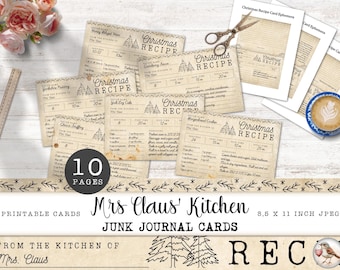 Christmas Recipe Junk Journal Ephemera, Mrs Claus' Kitchen Vintage Extras Pack, Printable Christmas Recipe Cards, Paper Craft 11 x 8.5