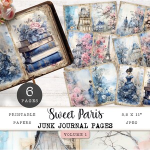 Paris Junk Journal Pages, 6 blauwe en roze bloemen afdrukbare digitale papers, romantisch vintage collagevel, Paper Craft 11 x 8,5 JJPSP