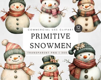 Primitive Snowman PNG, Christmas Watercolor Clipart, Xmas Family Fun, North Pole Clip Art, Holiday Illustration, Winter Graphics, Digital