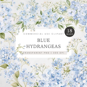 Op de afbeelding: Een digitale collectie van 18 blauwe hortensia illustraties met aquarel-stijl bloemblaadjes en groene bladeren. De tekst luidt COMMERCIAL USE CLIPART, 18 IMAGES, BLUE HYDRANGEAS en TRANSPARENT PNG | 300 DPI op een witte achtergrond.