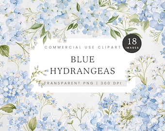 Blue Hydrangea Clipart, Wedding Floral Clip Art, Dusty Blue Flowers PNG, Hydrangea and Baby's Breath Bouquets, Floral Invitation Frame