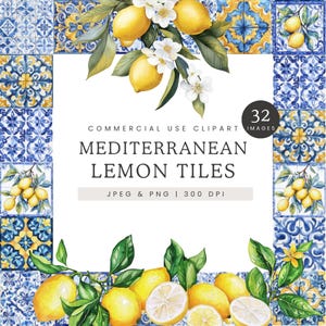 Clipart carrelage méditerranéen, clipart carrelage citron, carrelage portugais PNG, carreaux azulejos avec graphique citrons, carreaux d'Amalfi avec PNG agrumes citron
