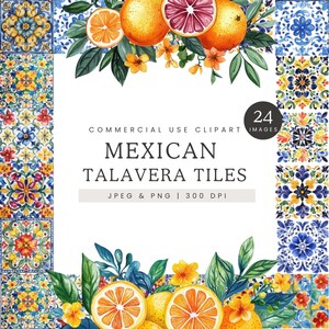 Mexican Talavera Tile Clipart, Watercolor Mexican Flower Art Clip Art, Colourful Folk Art Tiles Clipart, Fiesta Frame for Invitations Images