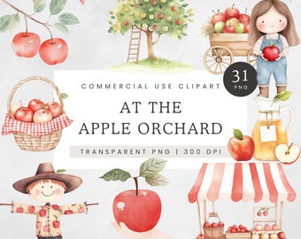 Imágenes prediseñadas de huerto de manzanas, imágenes prediseñadas de manzano rústico de otoño, manzanas de acuarela PNG, manzana roja y verde, imágenes de frutas lindas, imágenes prediseñadas de Acción de Gracias
